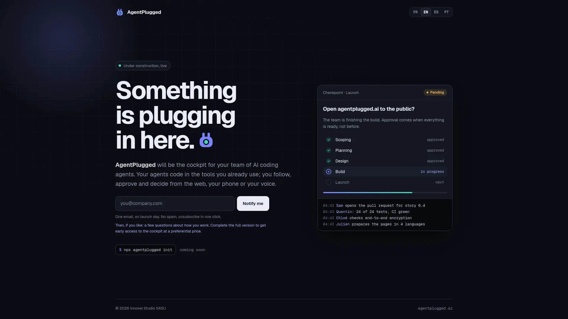 Capture d'écran du site agentplugged.ai — analyse RoastMySite