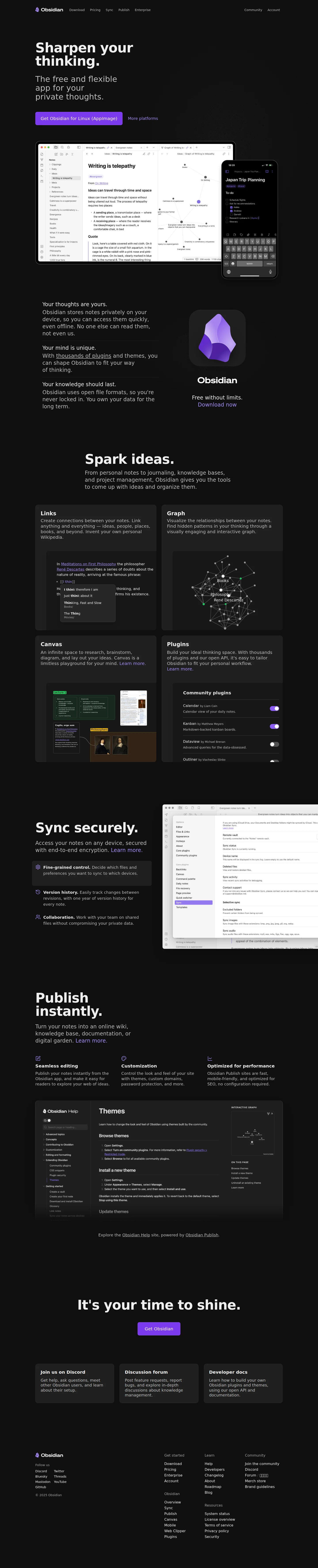 Capture d'écran du site obsidian.md — analyse RoastMySite
