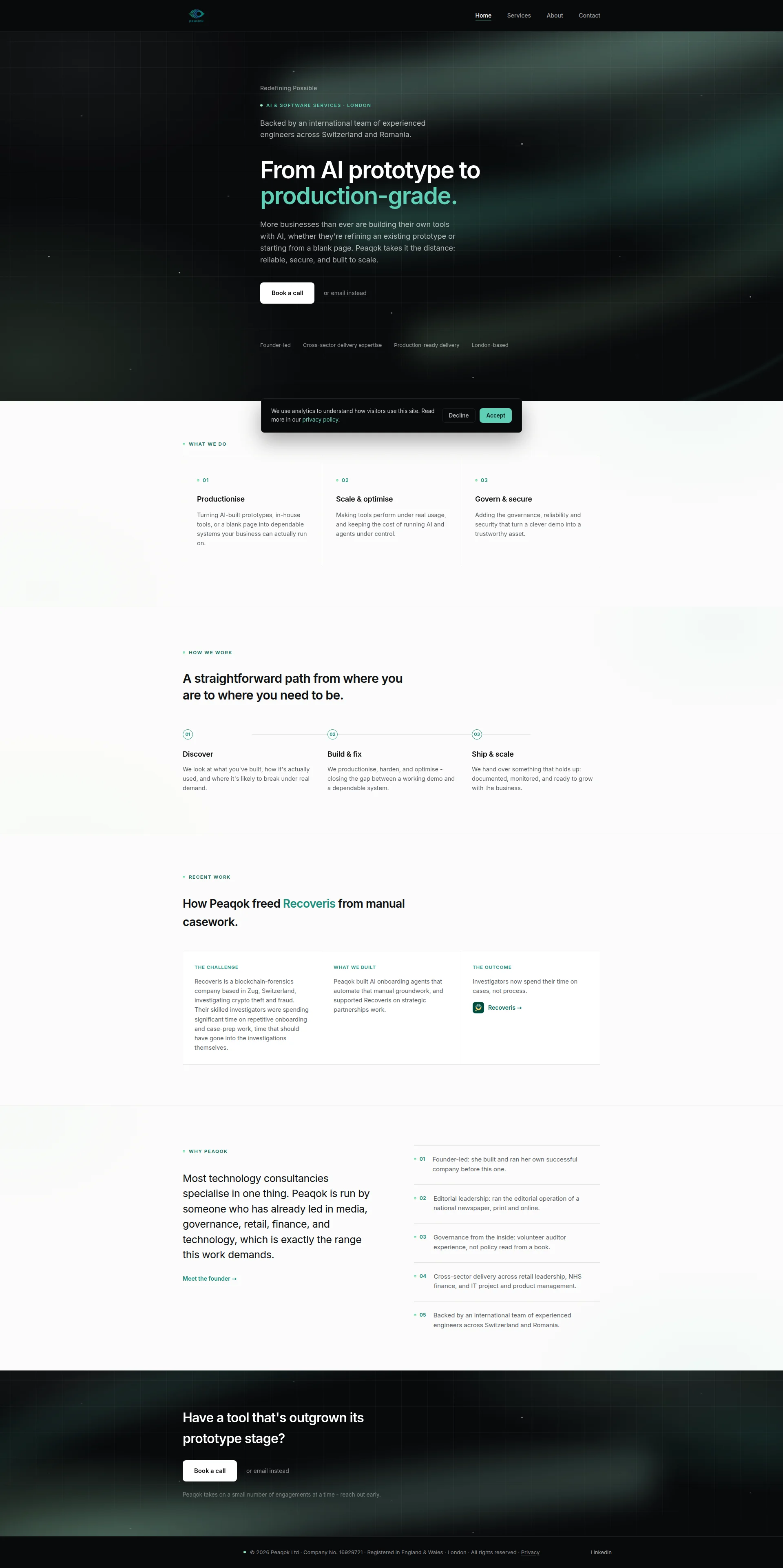 Capture d'écran du site peaqok.ai — analyse RoastMySite