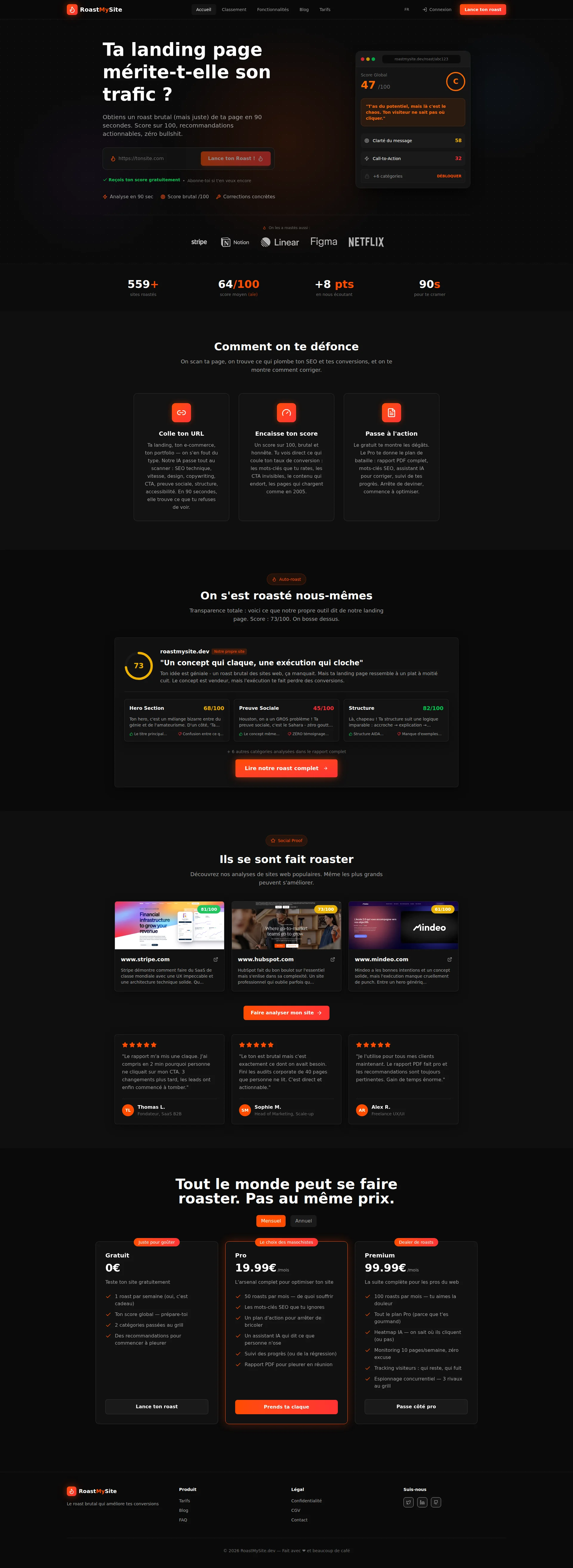 Capture d'écran du site www.roastmysite.dev — analyse RoastMySite