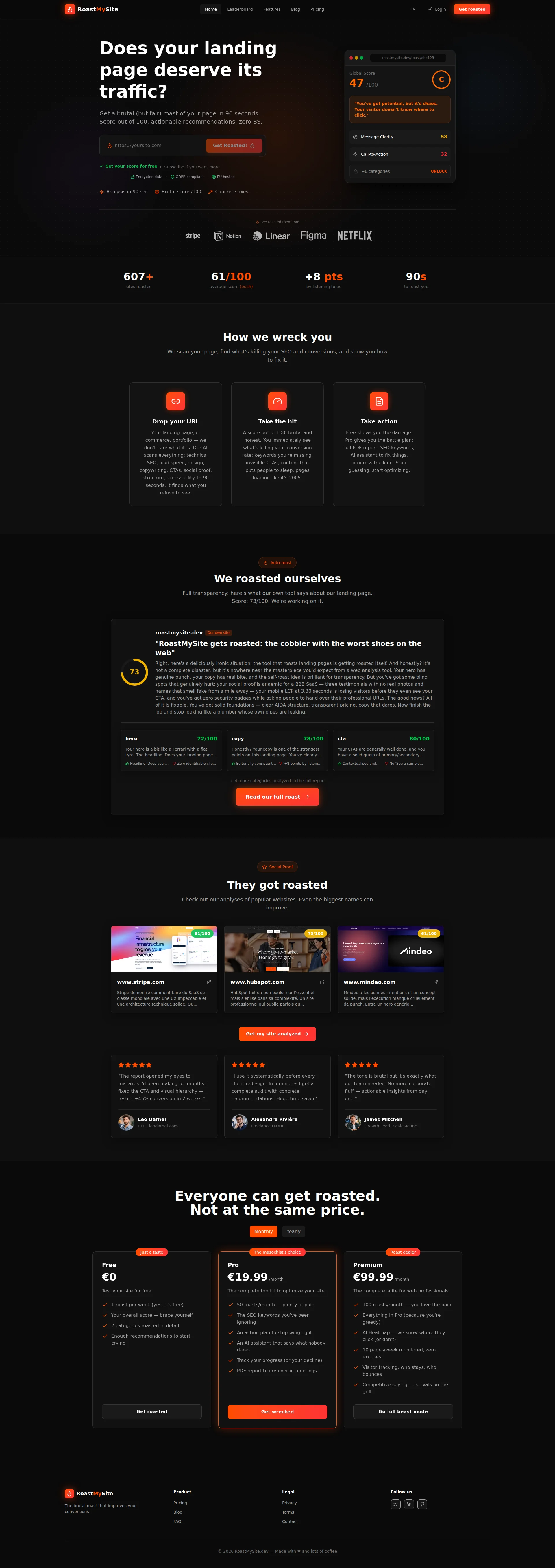 Capture d'écran du site www.roastmysite.dev — analyse RoastMySite